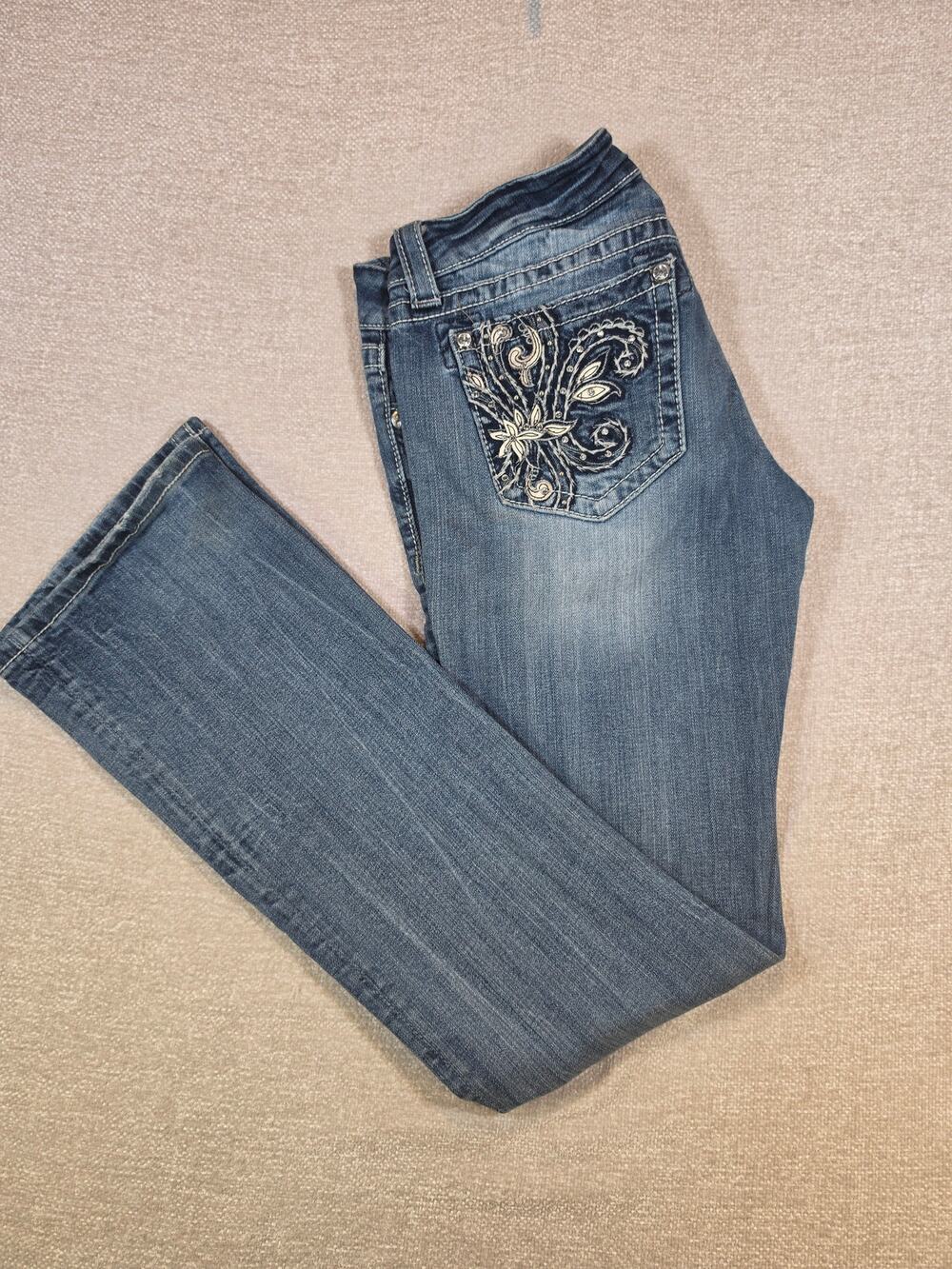 Miss Me Bootcut Jeans Distressed Floral Embroidered Bling Denim Women Size 30
